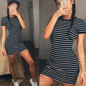 Round Neck Short-sleeved Dress Black And White Striped